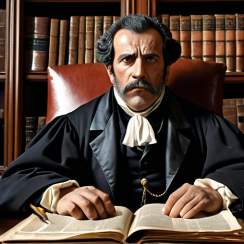 Home 4 **José Gaspar Rodríguez de Francia: A stern, intellectual man in 19th-century attire, surrounded by books and legal documents. Strong lighting, serious expression.**